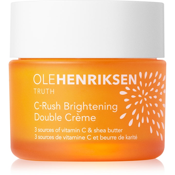 OleHenriksen Truth C-Rush Brightening Double Crème kirkastava C-vitamiinivoide oranssissa purkissa valkoisella kannella.