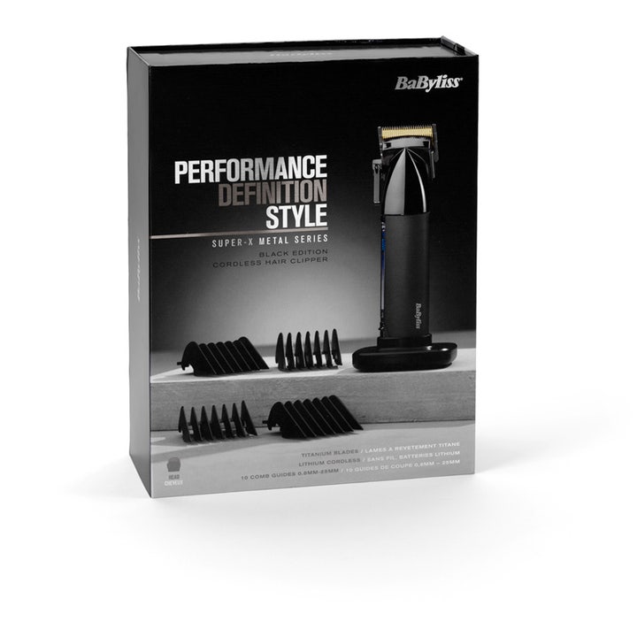 BaByliss Super X Metal Hair Clipper 1 kpl hiustenleikkuukone mustassa pakkauksessa kampaosilla.