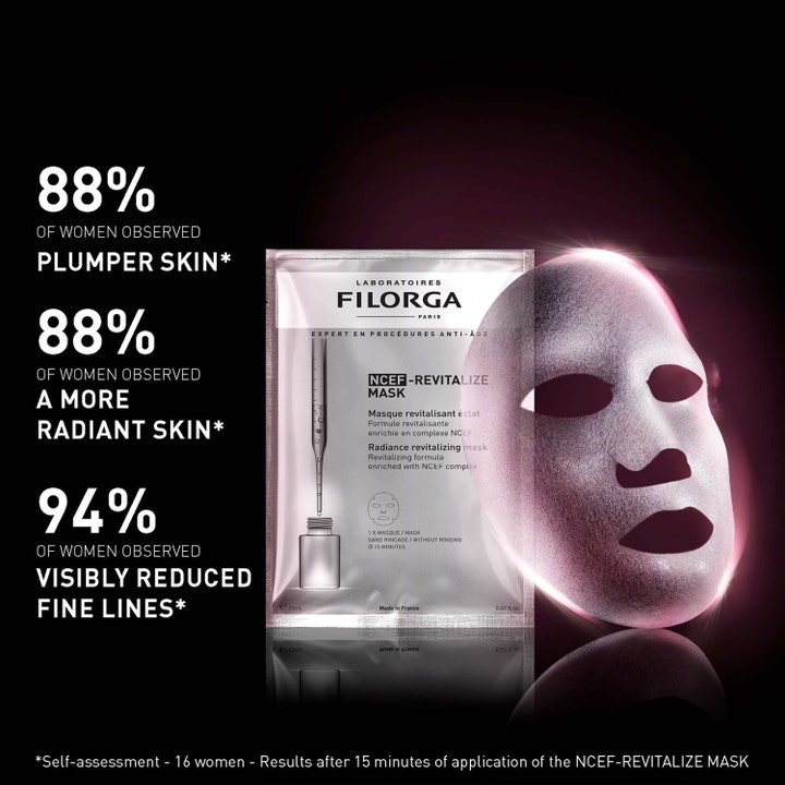 Filorga NCEF-Revitalize Mask 20 ml heleyttävä kangasnaamio hopeisessa pussissa ja tuloksia esittelevä hohtava maski.