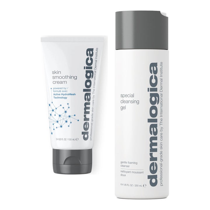 Dermalogica Special Cleansing Gel ja Skin Smoothing Cream kosteuttava setti valkoisessa pullossa ja tuubissa.