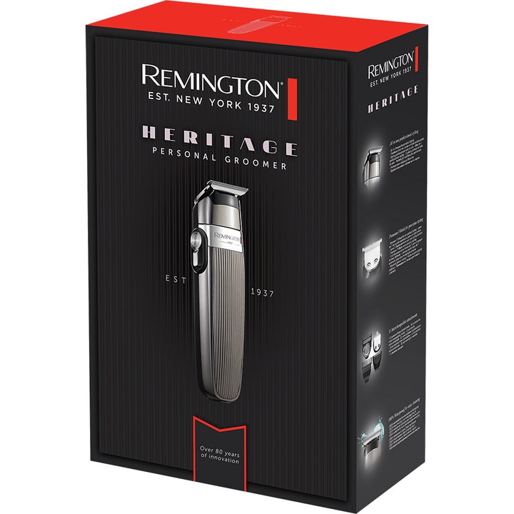 Remington Heritage Personal Groomer 1 kpl partatrimmeri tarkkaan parranajoon mustassa ja punaisessa pakkauksessa