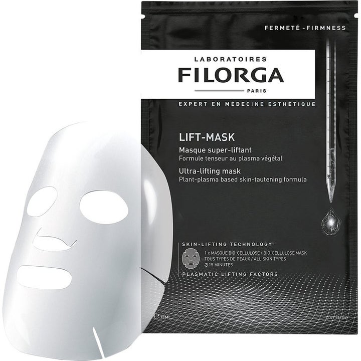 Filorga Lift-Mask kiinteyttävä kangasnaamio mustassa pakkauksessa ja ihoa kohottava valkoinen bioselluloosanaamio.