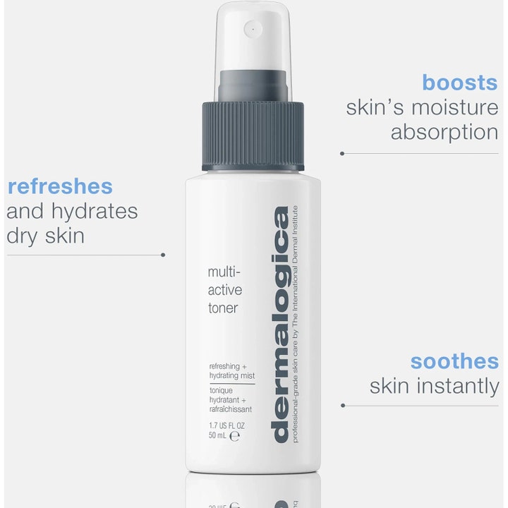 Dermalogica Multi-Active Toner 50 ml kosteuttava kasvovesisuihke valkoisessa pullossa, joka virkistää ja rauhoittaa ihoa.