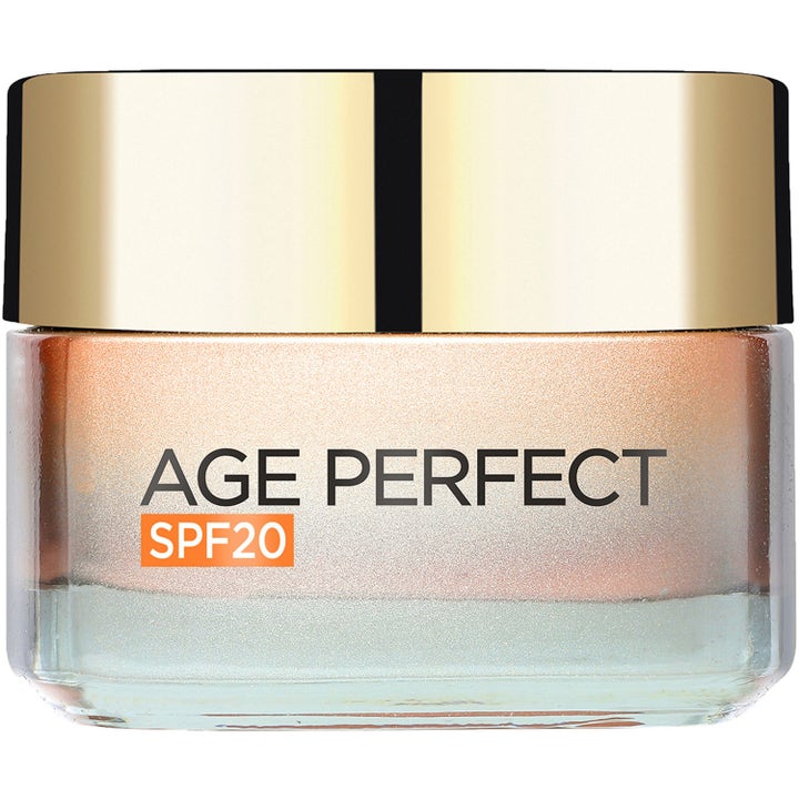 L'Oréal Paris Age Perfect SPF20 50ml suojaava päivävoide lasipurkissa, jossa on kultainen kansi.