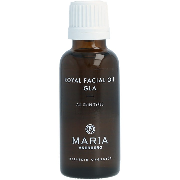 Maria Åkerberg Royal Facial Oil GLA 30 ml uudistava kasvoöljy ruskeassa lasipullossa jossa on valkoinen korkki.