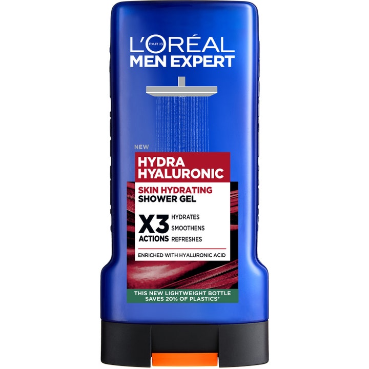 L’Oréal Men Expert Hydra Hyaluronic 300 ml kosteuttava suihkugeeli sinisessä muovipullossa mustalla korkilla