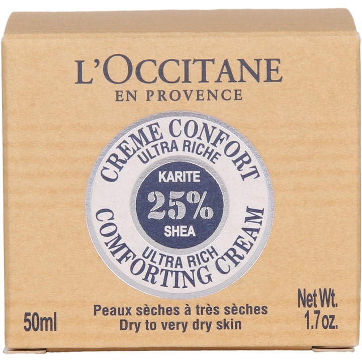 L'Occitane en Provence Shea Ultra Rich Comforting Cream 50 ml kasvovoide ruskeassa pahvipakkauksessa 25% shea-logolla.