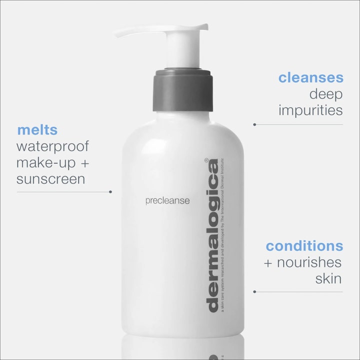 Dermalogica PreCleanse 30 ml puhdistusöljy poistaa vedenkestävän meikin ja epäpuhtaudet valkoisessa pumppupullossa.