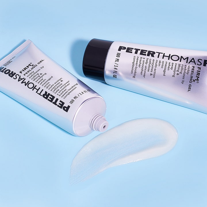 Peter Thomas Roth Firmx Peeling Gel 100 ml kuorintageeli vaaleansinisissä tuubeissa ja tekstuurinäyte.