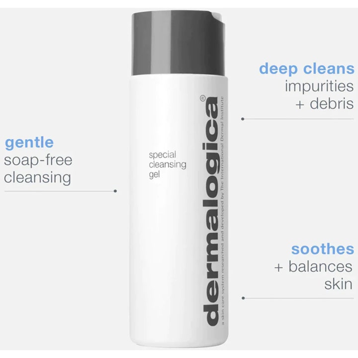 Dermalogica Special Cleansing Gel 250 ml saippuaton puhdistusgeeli rauhoittaa ihoa valkoinen pullo infografiikalla
