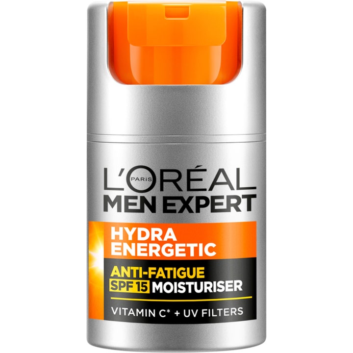 L'Oréal Men Expert Hydra Energetic SPF 15 virkistävä kasvovoide hopeassa pumppupullossa jossa on oranssi painike.