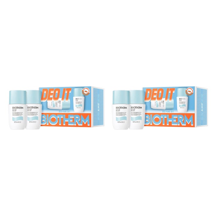 Biotherm Deo Pure Set 2 x 75 ml antiperspirantti duo ja pakkaus raikkaassa valkoisessa ja vaaleansinisessä sävyssä.