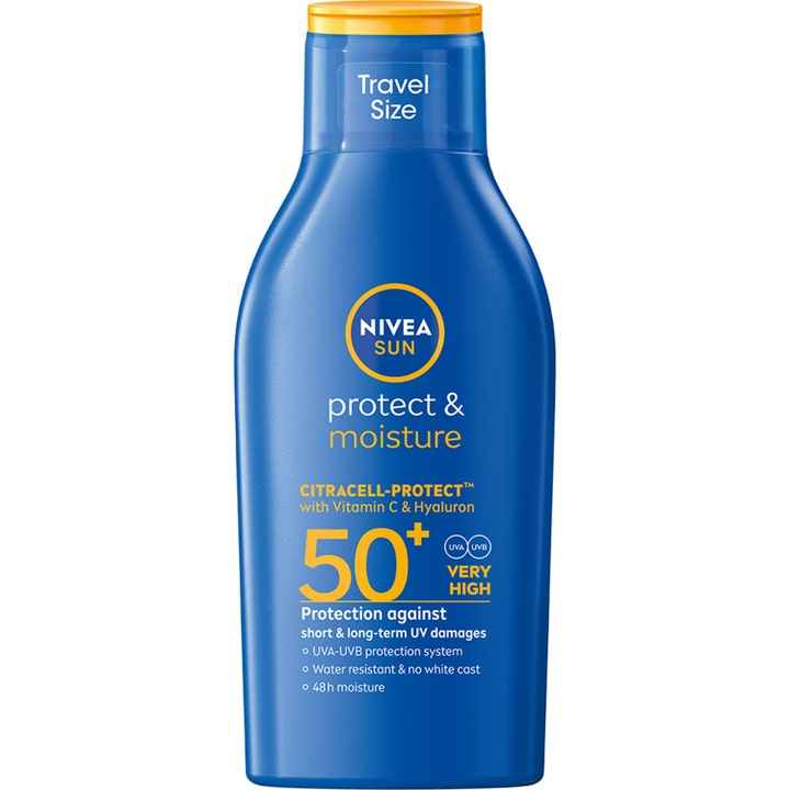 Nivea Sun Protect & Moisture matkakoko kosteuttava aurinkovoide SPF 50+ sinisessä pullossa keltaisella korkilla.