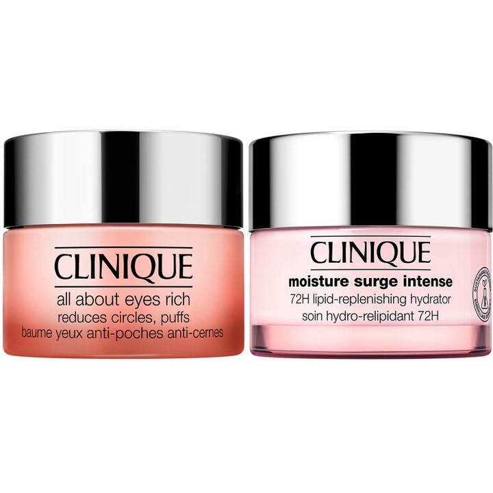 Clinique All About Eyes Rich ja Moisture Surge Intense kosteuttavat ja virkistävät voiteet hopeakantisissa lasipurkeissa