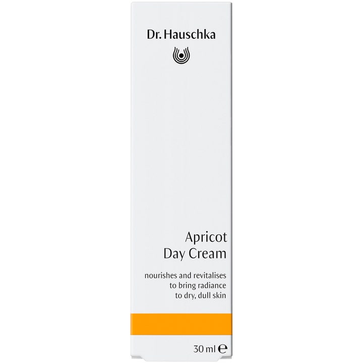 Dr. Hauschka Apricot Day Cream 30 ml heleyttävä päivävoide valkoisessa pahvipakkauksessa oranssilla raidalla