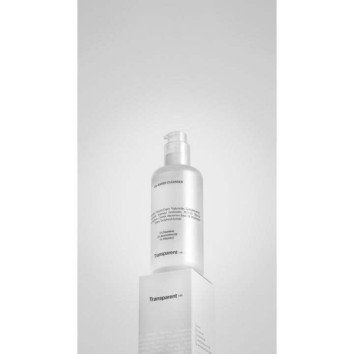 Niche Beauty Lab Transparent Lab Oil-Based Cleanser 200 ml puhdistusöljy pumppupullossa valkoisen pakkauksen päällä.
