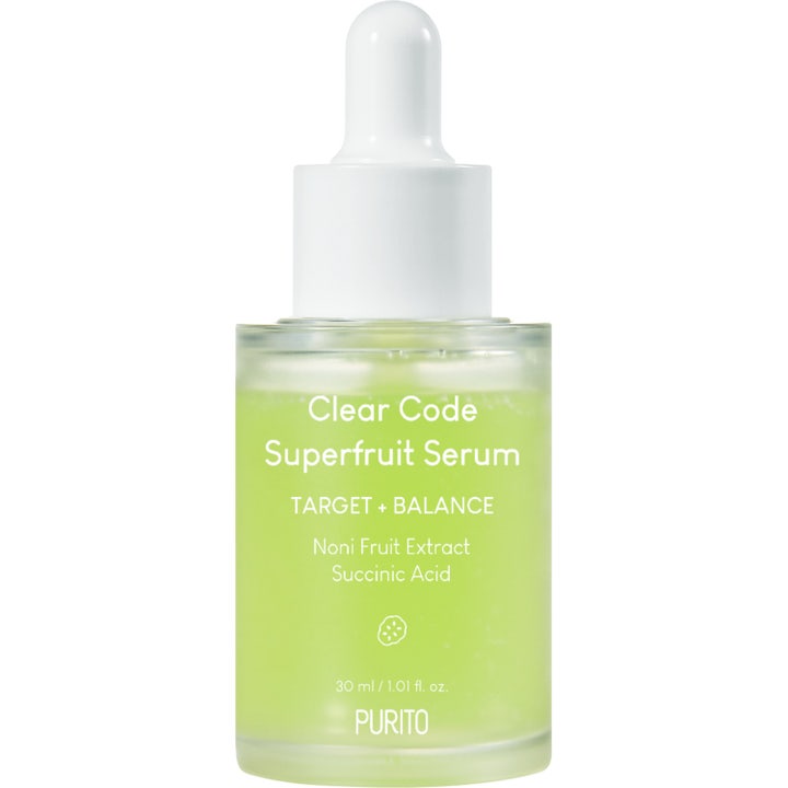 Purito Clear Code Superfruit Serum 30 ml tasapainottava seerumi kirkastaa ihoa vaaleanvihreässä lasisessa pipettipullossa.