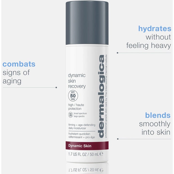 Dermalogica Dynamic Skin Recovery SPF50 50 ml kiinteyttävä päivävoide ja aurinkosuoja harmaakorkkisessa pullossa.