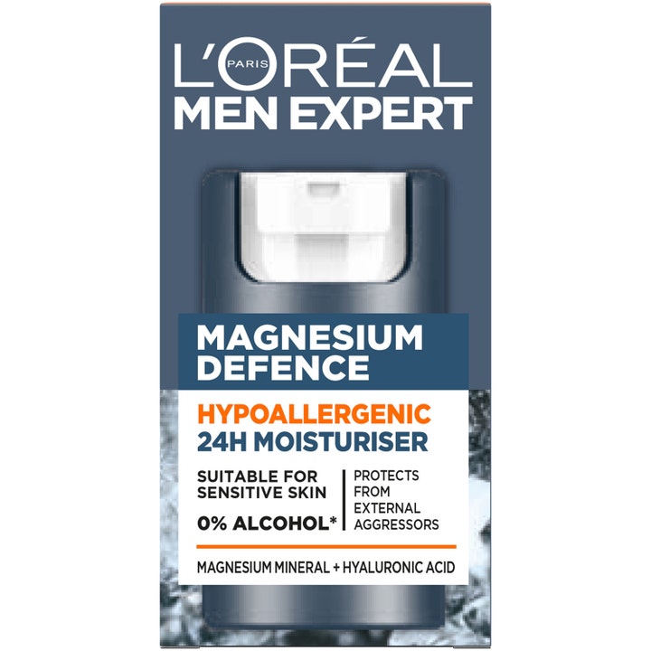 L'Oréal Paris Men Expert Magnesium Defence 50 ml 24h kosteuttava kasvovoide herkälle iholle harmaassa pakkauksessa.