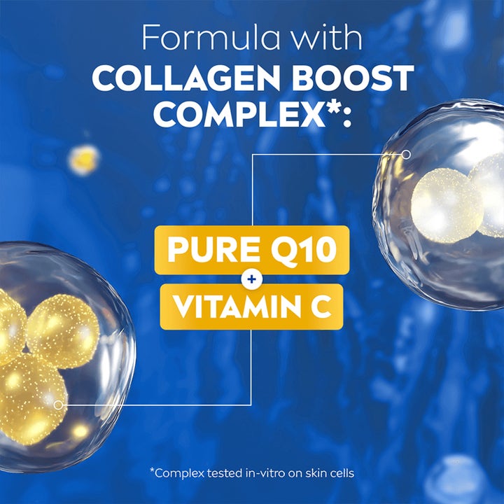 NIVEA Q10 Vitamin C Body Lotion 250 ml kiinteyttävä vartalovoide, infografiikka Pure Q10 ja C-vitamiini ainesosista.