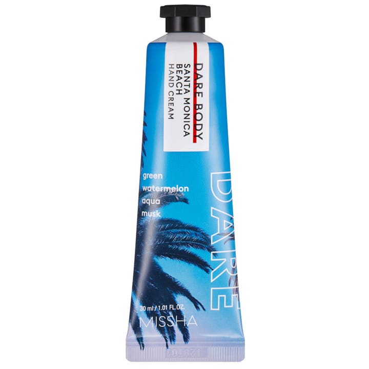 Missha Dare Body Santa Monica Beach 30 ml käsivoide kosteuttaa ihoa sinisessä palmukuvioisessa tuubissa mustalla korkilla.