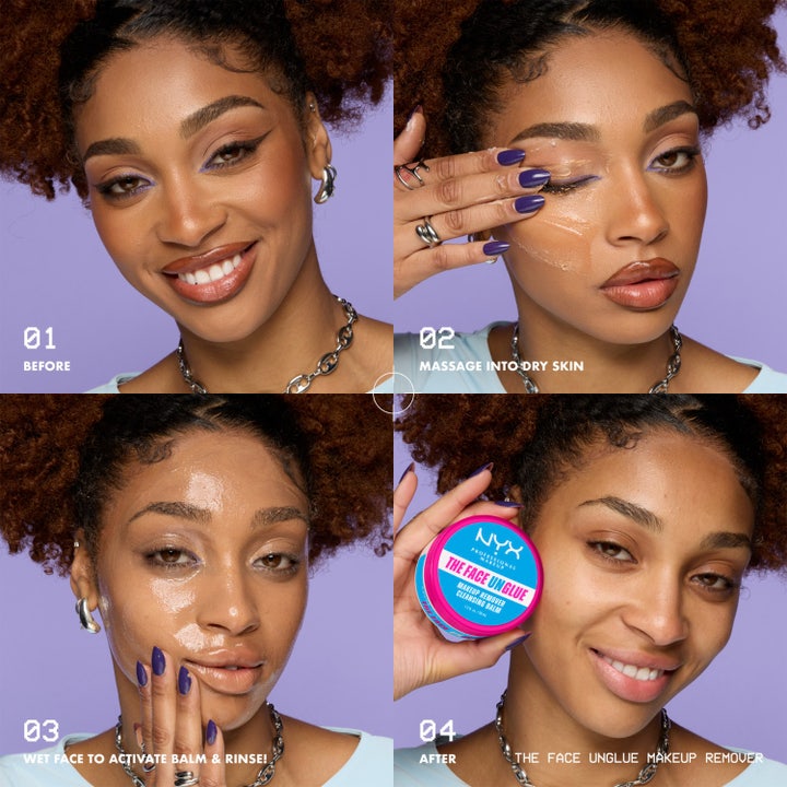 NYX Professional Makeup Face Unglue 50 ml puhdistusvoide ennen ja jälkeen kuvina meikin poistoon.