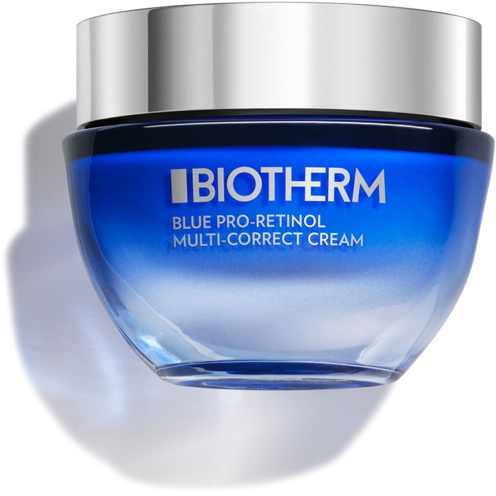 Biotherm Blue Pro-Retinol Multi-Correct Cream 50 ml silottava kasvovoide sinisessä lasipurkissa hopeisella kannella.
