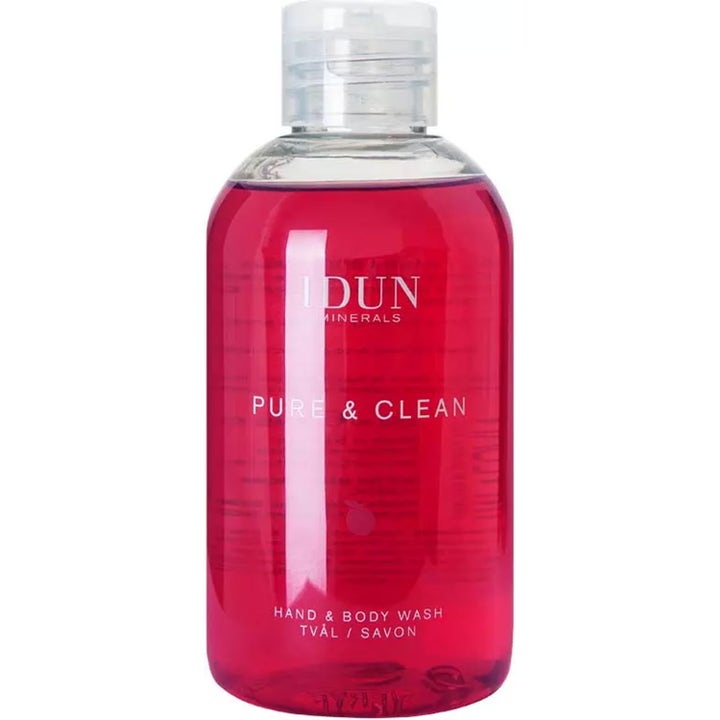 IDUN Minerals Pure & Clean Hand & Body Wash puhdistava saippua kirkkaassa pullossa jossa on kirkkaan pinkkiä nestettä