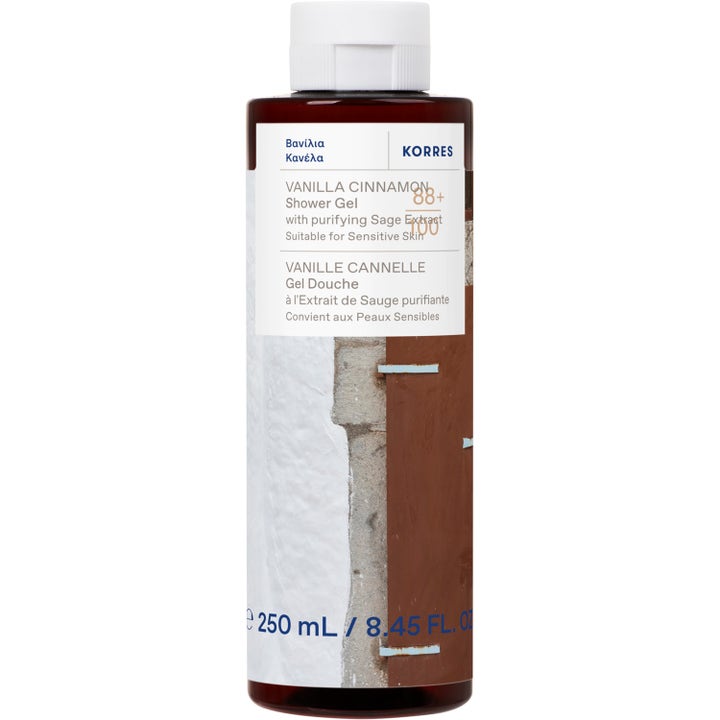 Korres Vanilla Cinnamon Shower Gel 250 ml puhdistava suihkugeeli ruskeassa muovipullossa, jossa on valkoinen korkki.