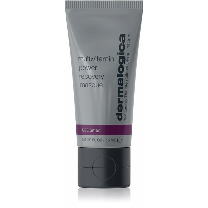 Dermalogica Multivitamin Power Recovery Masque 15 ml uudistava kasvonaamio harmaassa tuubissa violetilla raidalla.