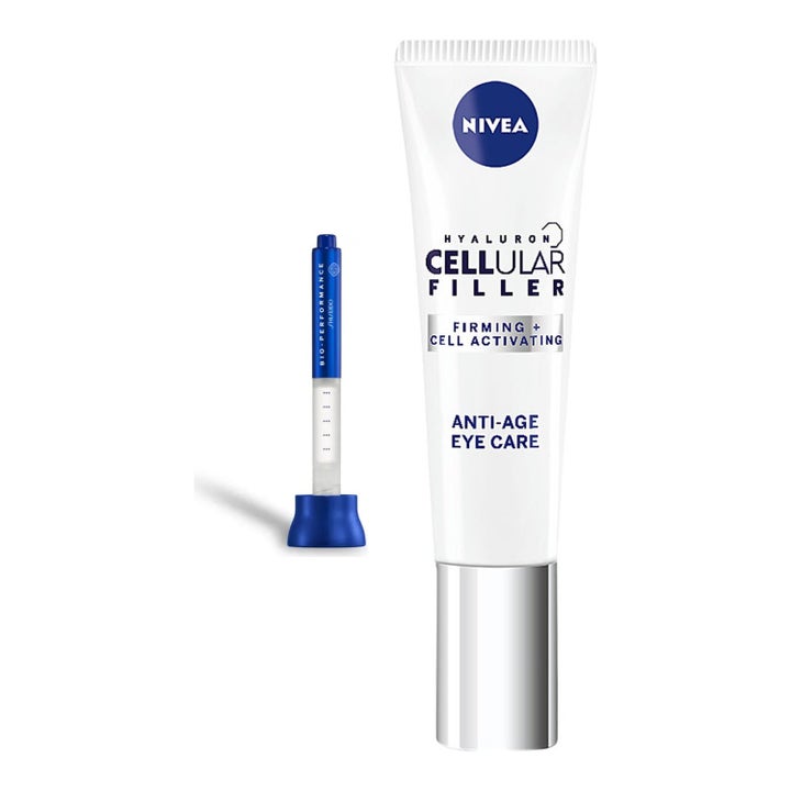 Nivea Hyaluron Cellular Filler 15 ml anti-age silmänympärysvoide valkoisessa tuubissa, jossa on hopeinen korkki