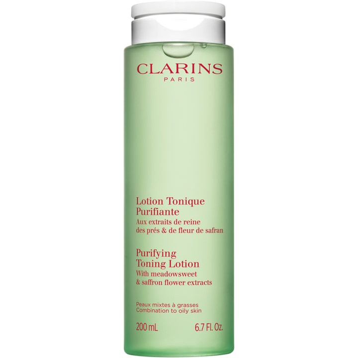 Clarins Purifying Toning Lotion 200 ml puhdistava kasvovesi vihreässä pullossa valkoisella korkilla.