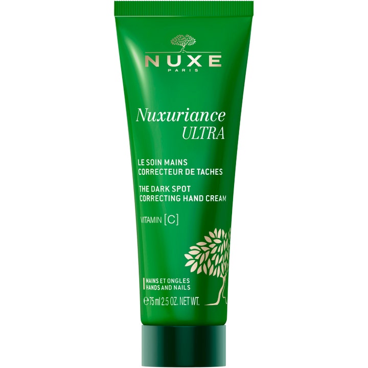 Nuxe Nuxuriance Ultra 75 ml käsivoide häivyttää pigmenttiläiskiä C-vitamiinilla vihreässä tuubissa kultaisella logolla