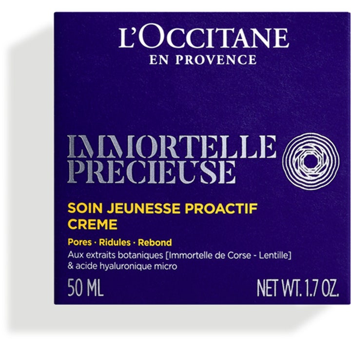 L'Occitane en Provence Immortelle Precious Cream 50 ml silottava päivävoide tummansinisessä pahvipakkauksessa.