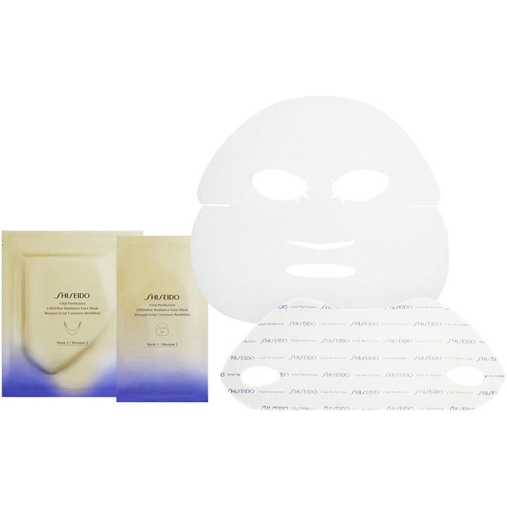 Shiseido Vital Perfection LiftDefine Radiance Face Mask kiinteyttävä kangasnaamio valkoinen naamio ja kultaiset pussit.