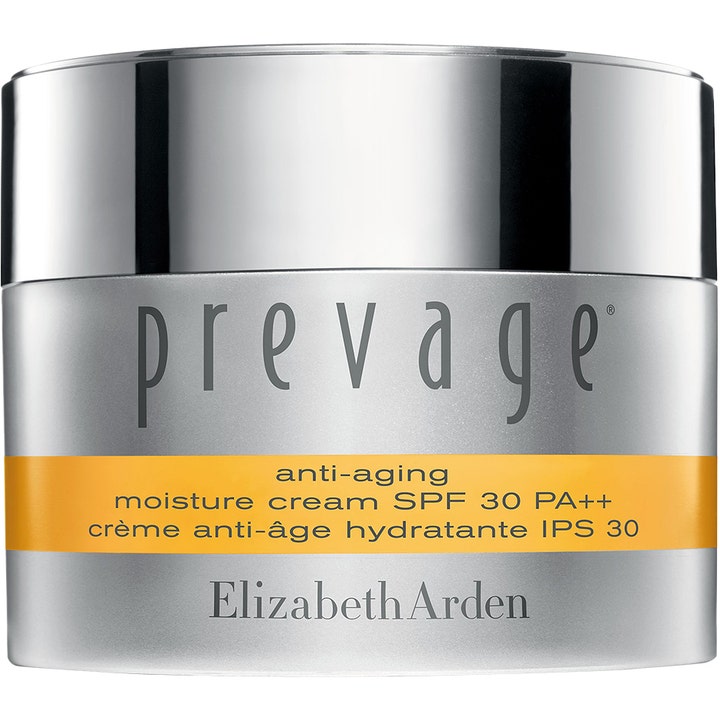 Elizabeth Arden Prevage Anti-aging Moisture Cream SPF 30 silottava kasvovoide hopeisessa purkissa keltaisella raidalla.