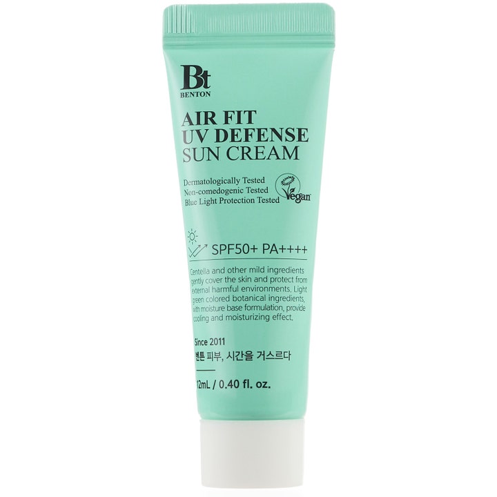 Benton Air Fit UV Defense Sun Cream 12 ml rauhoittava aurinkovoide mintunvihreässä tuubissa valkoisella korkilla.