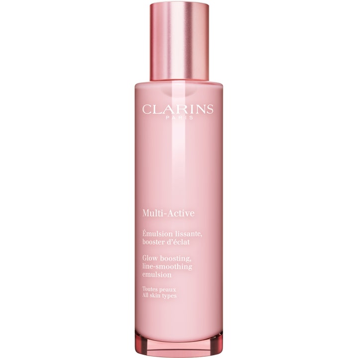 Clarins Multi-Active 100 ml heleyttävä ja juonteita silottava kasvoemulsio tyylikkäässä vaaleanpunaisessa pullossa.