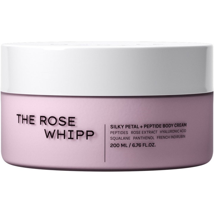The Rose Whipp Silky Petal + Peptide Body Cream 200 ml silottava vartalovoide vaaleanpunaisessa purkissa valkoisella kannella