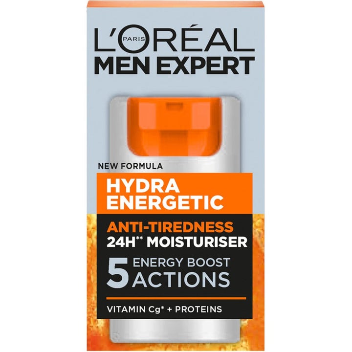 L'Oréal Paris Men Expert Hydra Energetic kosteusvoide sisältää väsymystä torjuvaa C-vitamiinia ja proteiineja.
