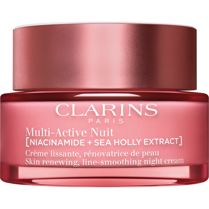 Clarins Multi-Active Nuit 50 ml niasiiniamidia sisältävä silottava yövoide vaaleanpunaisessa lasipurkissa.