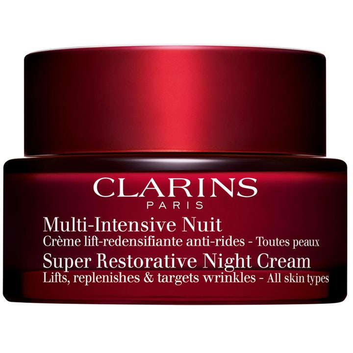 Clarins Multi-Intensive Super Restorative Night Cream kiinteyttävä yövoide punaisessa lasipurkissa silottaa ryppyjä.