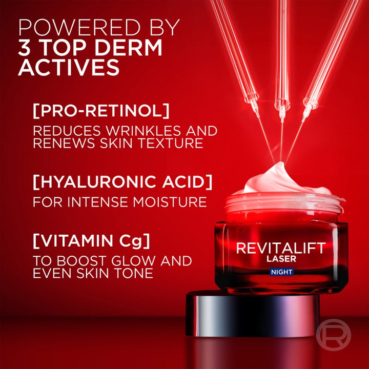 L'Oréal Paris Revitalift Laser Night Cream 50 ml elvyttävä yövoide pro-retinolilla punaisessa lasipurkissa.