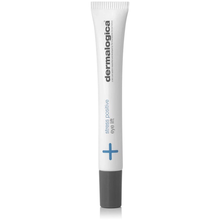 Dermalogica Stress Positive Eye Lift 25 ml virkistävä silmänympärysvoide valkoisessa tuubissa harmaalla korkilla.
