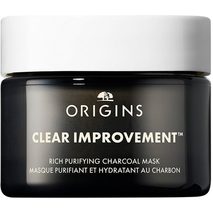Origins Clear Improvement Rich Purifying Charcoal Mask syväpuhdistava kasvonaamio mustassa purkissa valkoisella kannella.