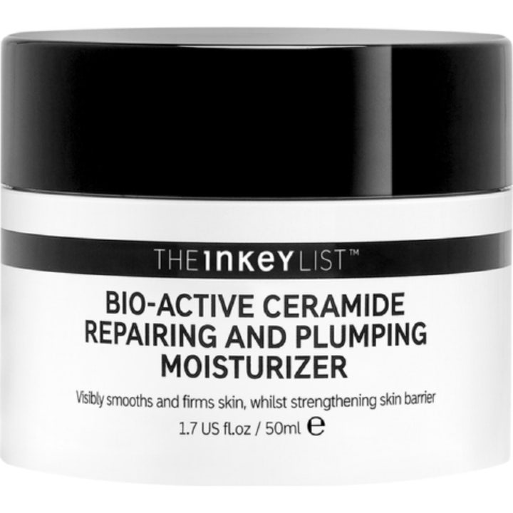 The Inkey List Bio-Active Ceramide Repairing and Plumping Moisturizer 50ml kasvovoide valkoisessa purkissa mustalla korkilla