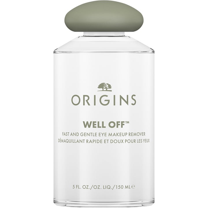 Origins Well Off 150 ml hellävarainen silmämeikin poistoaine kirkkaassa turkoosissa pullossa valkoisella korkilla.