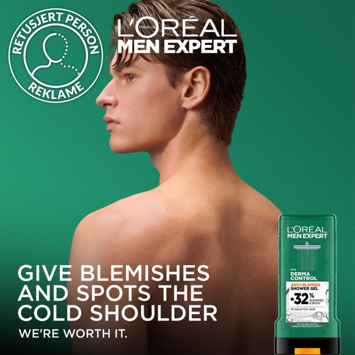 L'Oréal Paris Men Expert Derma Control 300 ml suihkugeeli vähentää epäpuhtauksia kuvassa, jossa on mies ja vihreä pullo.