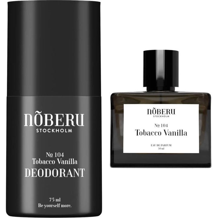 Nõberu No 104 Tobacco Vanilla 75 ml deodorantti ja 50 ml hajuvesi mustassa pakkauksessa sekä lasipullossa
