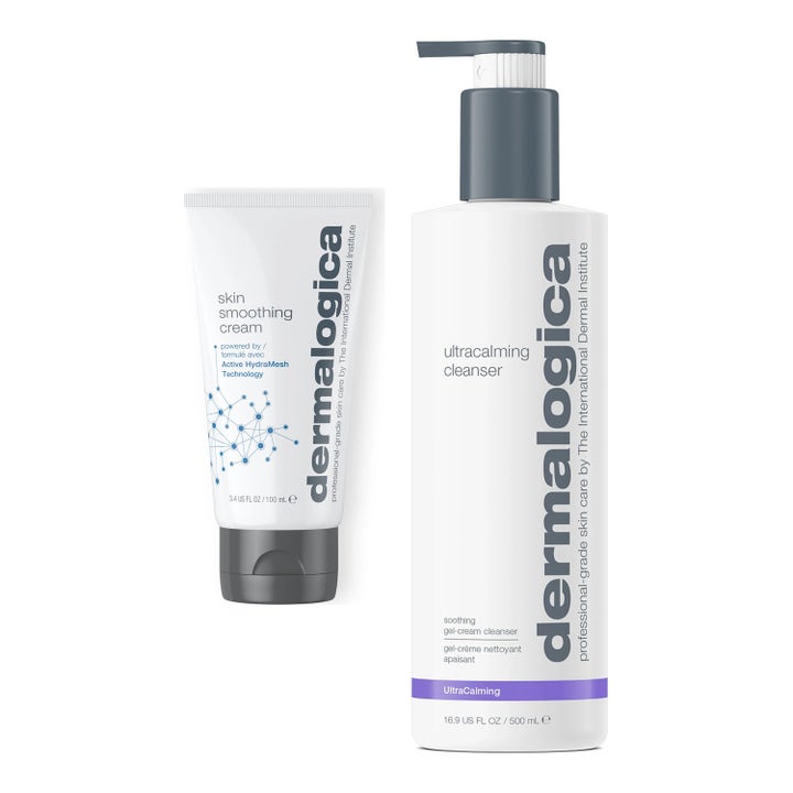 Dermalogica Ultracalming Cleanser 500 ml ja Skin Smoothing Cream rauhoittava puhdistus ja voide valkoisissa pakkauksissa